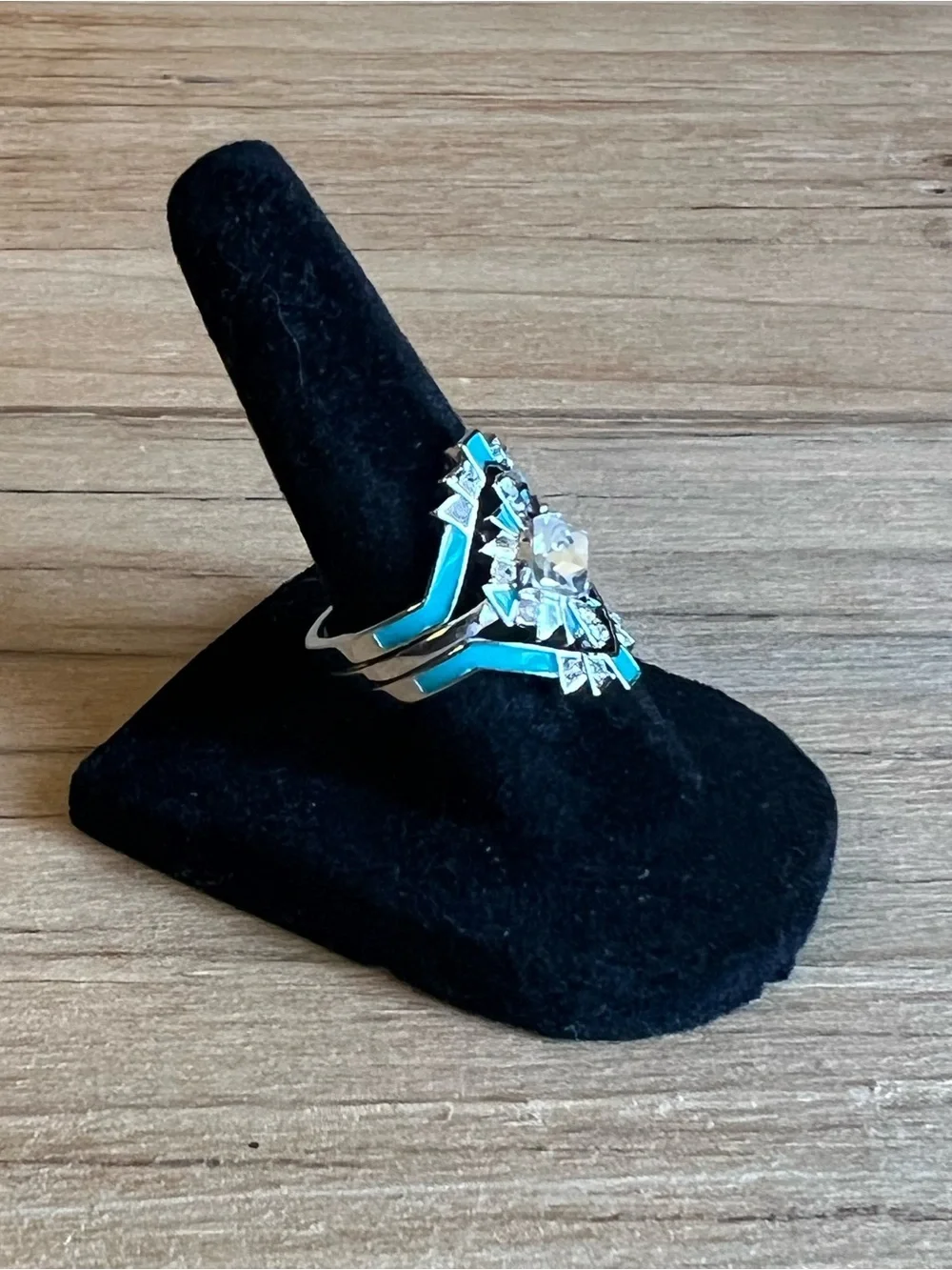 Turquoise Silver Tone Triple Band  Art Deco Fashion Ring-Size 6.5